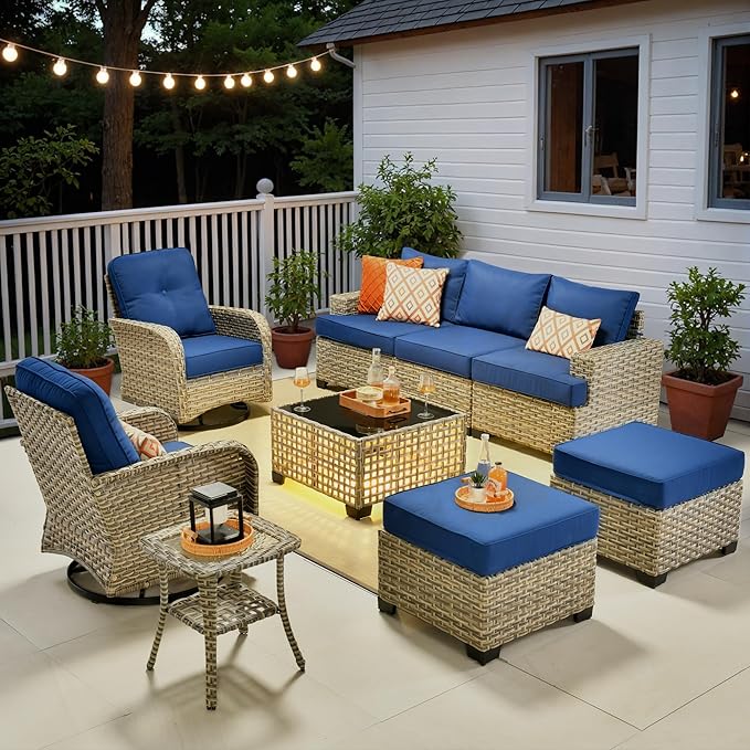ovios 9 Piece Patio Sectional Furniture with Swivel Rocking Chairs, Rattan Wicker Coversation Set with Glowing Coffee Table, Outdoor Sofa Set for Outside Porch Balcony Backyard Pool, Navy Blue