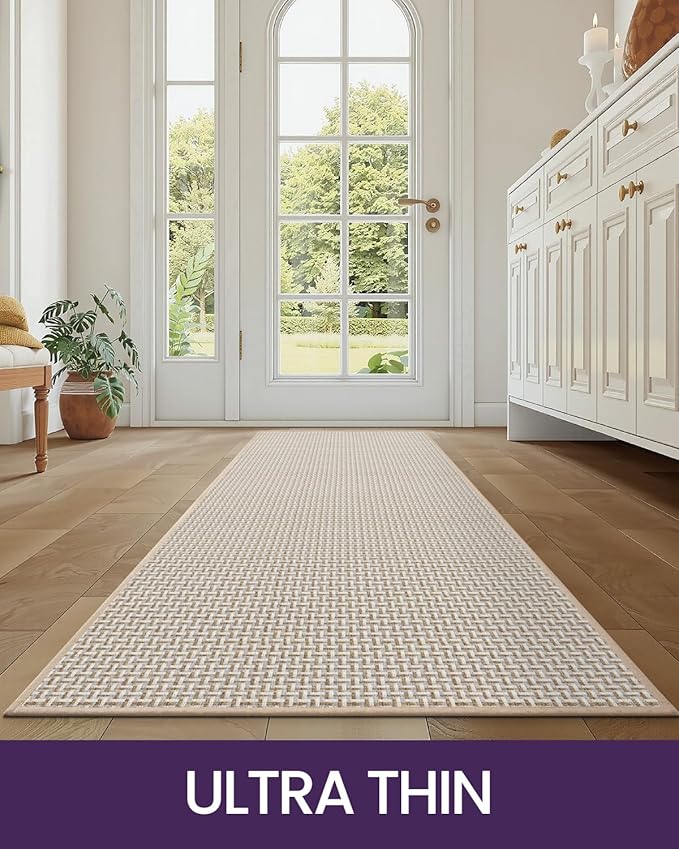 DEXI Hallway Runner Rug 2'4"x8', Non Slip Rubber Backed Runners Carpet, Ultra Thin Entryway Rugs Indoor for Kitchen Hallway Entrance Bedroom, Beige and White - Image 3
