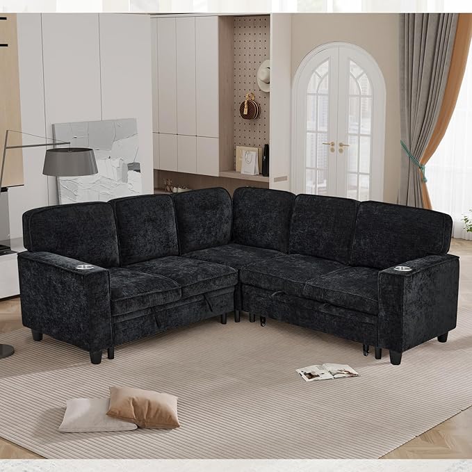 KEIKI 81" L-Shaped Oversized Chenille Modular Sectional Sleeper Sofa with Pull-Out Bed, Storage Seat, Modern 5-Seater Upholstered Couch Bed with Charging Station, Easy Assembly, for Living Room, Black