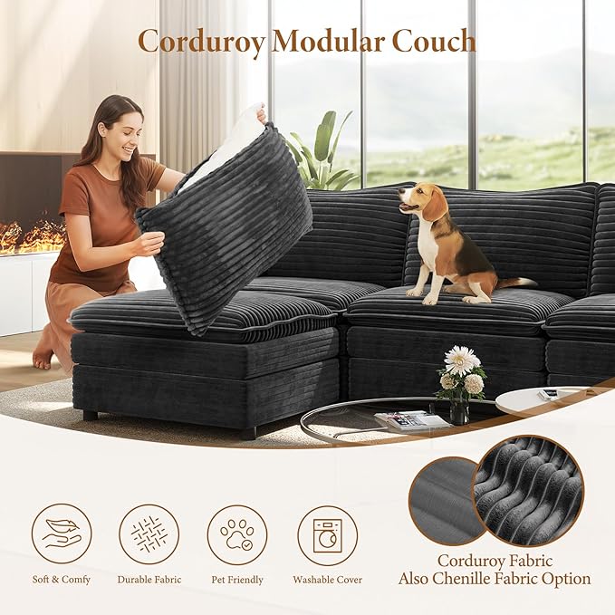 Vesgantti 142" U Shaped Sectional Cloud Couch, Large Cloud Modular Sectional Sofa with 2 Ottoman Deep Seat Corduroy Modern Modular Sofa Set for Living Room, Bedroom, Basement and Apartment, Gray