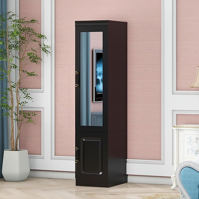 GraceGrove Armoire Wardrobe Closet Cabinet with with Mirror and Single Door, Wardrobe with Hanging Rod, Wood Closet Storage for Large Storage, Bedroom Armoires and Wardrobes Black