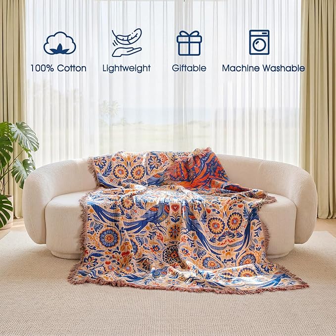 Boho Throw Blanket - 100% Cotton Ultra Soft Muslin Spring Blanket, 60"x80" Lightweight Floral Bird Framhouse Bedding Blanket for Bed, All Season Blue Bohemian Bedroom Home Decor Quilt