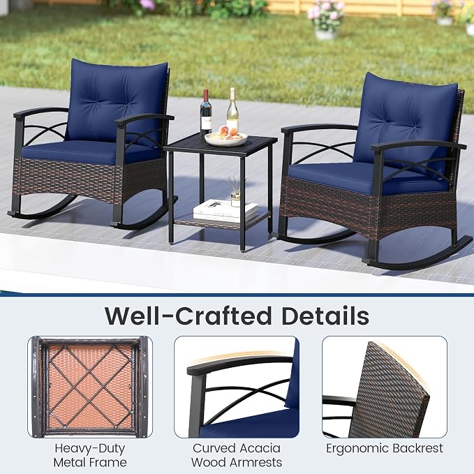 Tangkula 3 Piece Rattan Rocking Chair Set, Patio Rocker Bistro Set w/Acacia Wood Tabletop & Armrests, 2 Outdoor Cushioned Armchairs w/Double-Tier Side Table for Porch, Balcony, Backyard - Image 8