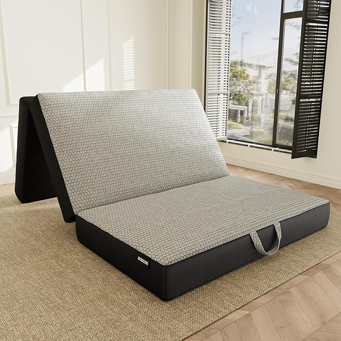 ROXGOX Memory Foam Trifold Mattress, Twin Portable Floor Bed 6 Inch, Foldable Mat with Washable Cover, Handle & Non-Slip Bottom, for RV, Travel, Camping, Yoga, 75"x38"x6", Grey