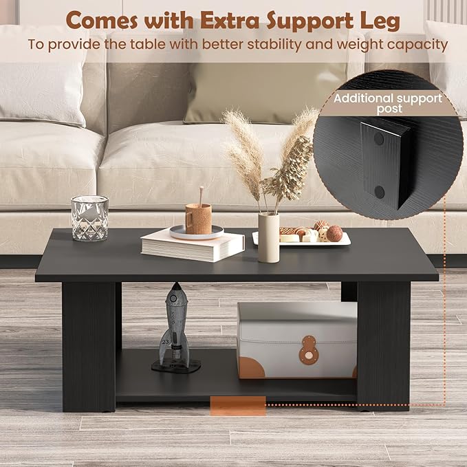 Giantex Rectangle Wood Center Table, 41 Inch 2-Tier Large Modern Tea Table w/Open Compartment, Easy Assembly, Accent Coffee Table for Living Room, Reception Room, Black
