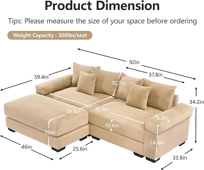 KEIKI 83" L-Shaped Oversized Corduroy Modular Sectional Loveseat Sofa with 1 Ottoman, High-Density Foam Cushion, Extra-Thick Armrest, 2-Seater Fluffy Corner Couch with 6 Pillow, for Living Room, Camel
