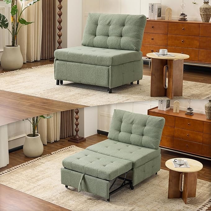 VINGLI Convertible Sofa Bed Tufted Teddy Fleece Sleeper Chair Bed Couch Armless Living Room Chairs with Adjustable Backrest Pull Out Couch Bed for Small Spaces | Armless Sofa Bed