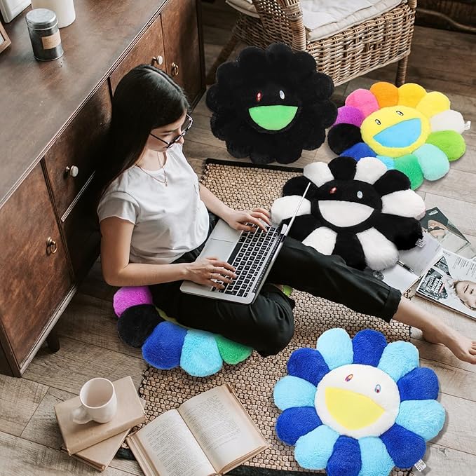 Flower Pillow,Flower Shaped Throw Pillow,Cute Smiley Face Floor Cushions,Colorful Sunflower Plush Pillows,Mothers Day Decorative Pillows for Bedroom,Sofa,Dorm (Black and White,23.6In)