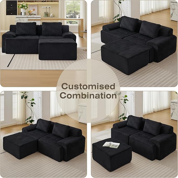 Modular Sectional Sofa, Boneless Couches for Living Room, Corduroy Couch, Big Comfy Couch, Modular Cloud Sofa with Deep Seat (Black, 3 Pieces-L Shape)