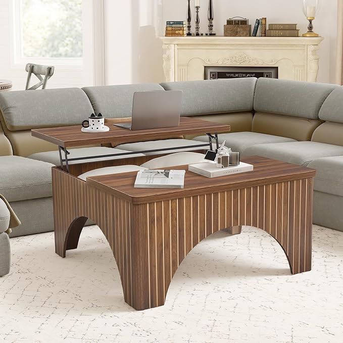 Square Coffee Table, 39'' Large Lift Top Coffee Table with Flip-Top Hidden Compartment Farmhouse Fluted Center Table Wooden Tea Table for Living Room, Apartment, Office (Walnut)