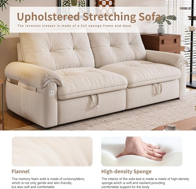 KEIKI 77" Modular Sectional Sofa with Pull-Out Bed, Convertible Sleeper Sofa Bed, 3-Seater Sleeper Sofa Couch for Living Rooms, Bedroom, Apartment, Beige