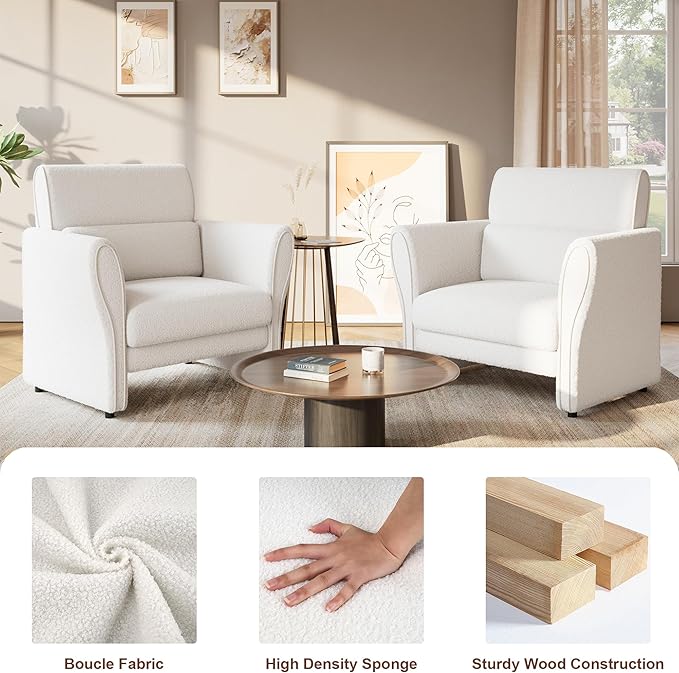 GarveeHome Boucle Sofa Upholstered Armchair for Living Room, Mid-Century Comfy Single Sofa for Bedroom, Office, White