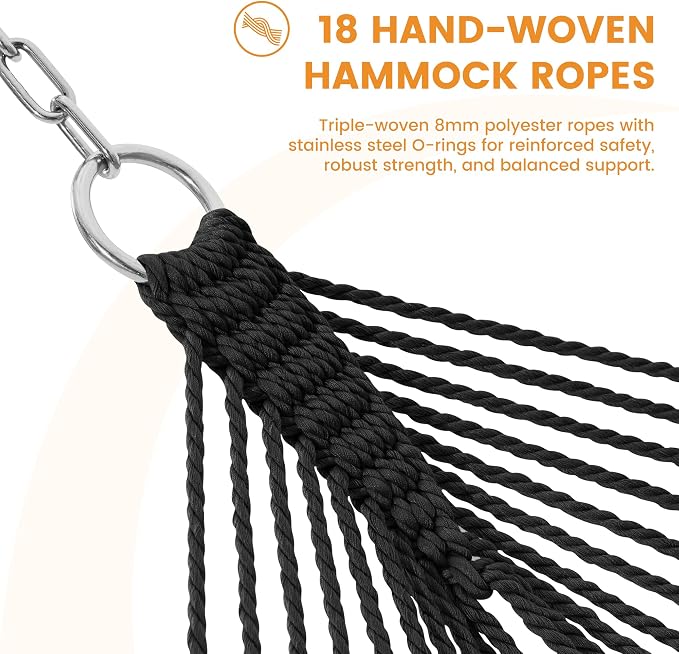 Lazy Daze Hammocks 10.5 FT Double 2 Person Caribbean Rope Hammock, Hand Woven Polyester Hammock with Spreader Bars, for Outside Outdoor Backyard Patio Poolside, 450 LBS Capacity, Black/White - Image 4