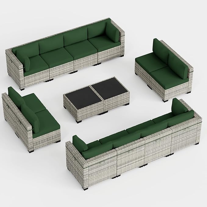 14-Piece Outdoor Patio Furniture Set, PE Wicker Rattan Sectional Sofa Conversation Set with Tempered Glass Table & Thick Cushions - All-Weather Garden, Backyard Furniture, Green