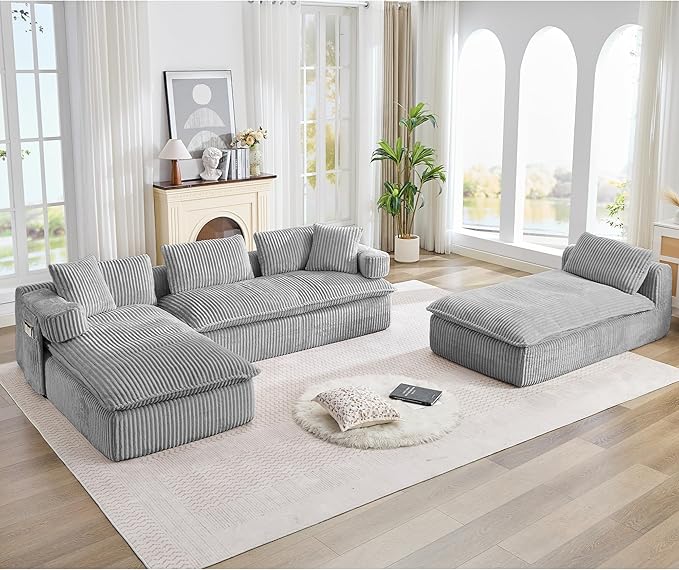 149" Oversized U Shaped Cloud Modular Sectional Sofa Boneless Couch with Double Chaise,Free Combination Convertible Floor Sofa Bed with Storage Pockets and Pillows | No Assembly