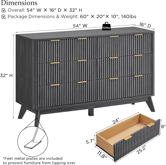 T4TREAM Fluted 6 Drawers Dresser, 54" Wide Modern Chest of Drawers, Curved Profile Design, Dresser TV Stand, Wood Drawer Organizer for Bedroom, Living Room, Hallway, Dark Alder - Image 2
