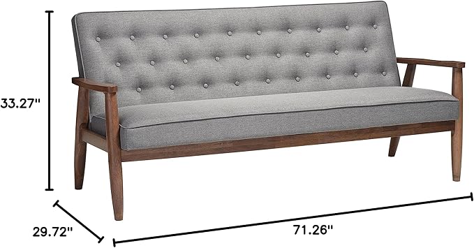 Baxton Studio Sorrento Mid-Century Retro Modern Fabric Upholstered Wooden 3-Seater Sofa, Grey 70.59 x 29.45 x 32.96
