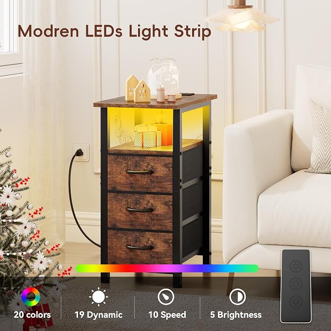 Vagusicc Nightstand with Charging Station and LED Lights, Narrow End Table, LED Night Stand with 3 Fabric Drawers for Bedroom, Small Bedside Table, Narrow Side Table for Small Spaces, Rustic Brown - Image 4