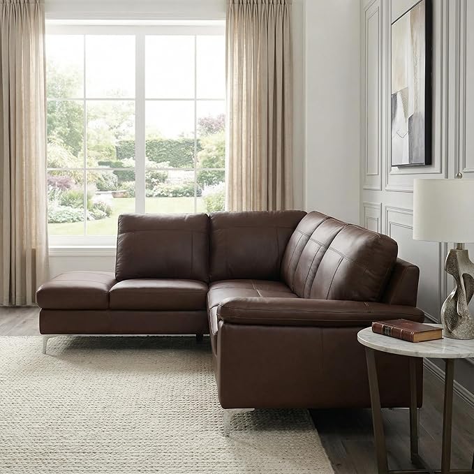 Cortesi Home Contemporary Dallas Genuine Leather Sectional Sofa with Left Side Facing Chaise Lounge, Brown 80"x98"