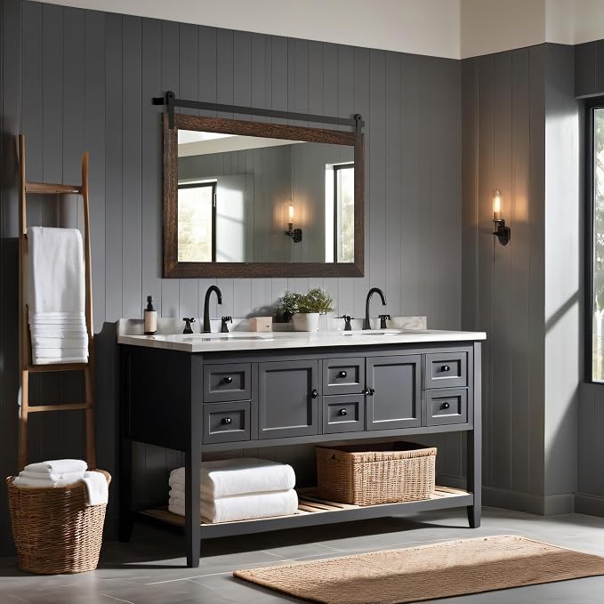 COGOOD Bathroom Mirrors for Over Sink - 41 x 26 Farmhouse Barn Door Wall Mirror for Bathroom, Living Room, Entryway Wall Decor Black Brown - Image 2