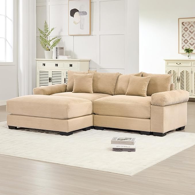 KEIKI 83" L-Shaped Oversized Corduroy Modular Sectional Loveseat Sofa with 1 Ottoman, High-Density Foam Cushion, Extra-Thick Armrest, 2-Seater Fluffy Corner Couch with 6 Pillow, for Living Room, Camel