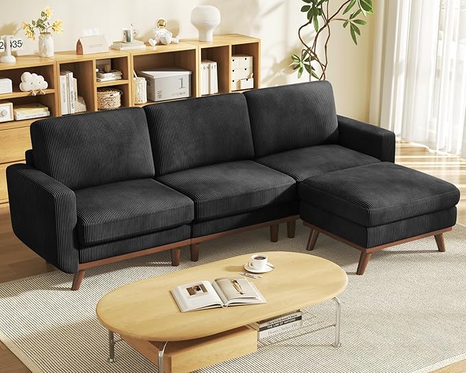 97" Black Corduroy Modular Sectional Sofa, L-Shaped Couch with Movable Ottoman & Spring Cushion, Deep Seat Modular Sofa for Living Room Bedroom Apartment