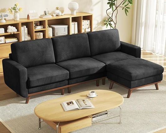 97" Black Corduroy Modular Sectional Sofa, L-Shaped Couch with Movable Ottoman & Spring Cushion, Deep Seat Modular Sofa for Living Room Bedroom Apartment