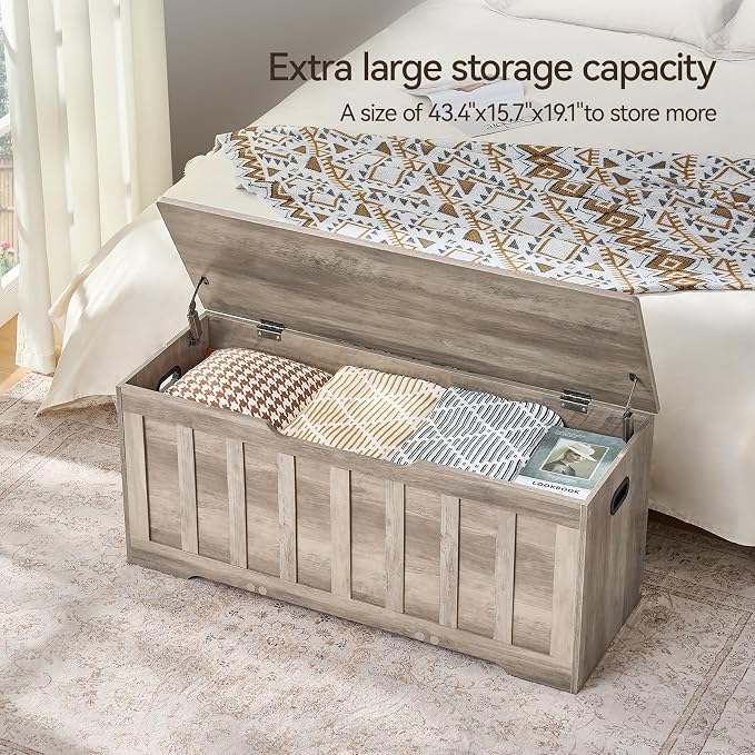 VANKILEY 43.3" Storage Chest Extra Large,Storage Trunk with 2 Safety Hinges,Wooden Storage Bench,Shoe Bench,43.3x15.7x19.1 Inch,Easy Assembly,Storage Bench for Bedroom,Living Room,entryway(Greige). - Image 5
