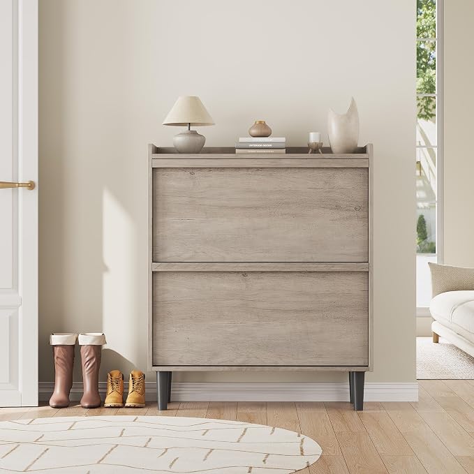 GarveeHome Shoe Cabinet with 2 Flip Drawers, Wooden Shoe Organizer Cabinet with Adjustable Shelf, Shoe Storage for Entryway, Hidden Shoe Cabinet for Hallway, Living Room, Grey - Image 3