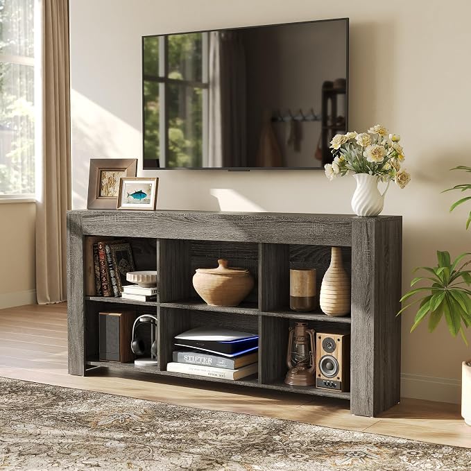 LITTLE TREE TV Stand with Storage, 63-Inch Entertainment Center with Shelves, Modern Media Console for Television up to 65" for Living Room, Bedroom, Grey + Black - Image 7