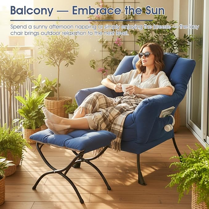 Lazy Chair with Ottoman, Reading Chair with a Pillow, Leisure Sofa Armchair with Ottoman, Large Accent Chair for Bedroom, Living Room, Dorm Room, Peach Royal Blue