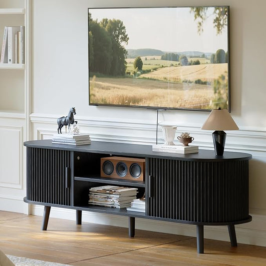 ChooChoo Mid Century Modern TV Stand for TVs up to 60 Inch, Entertainment Center with Fluted Sliding Doors and Hidden Storage, TV Console with Adjustable Shelf for Living Room, Bedroom, Black by ChooChoo