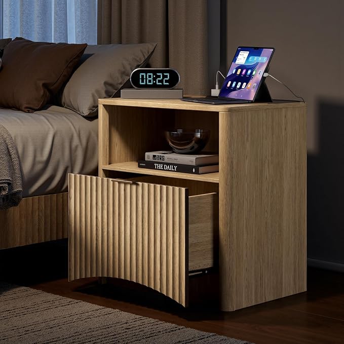 Evermagin Fluted Nightstand with Charging Station, Natural Oak Bedside Table with Drawer and Storage, Wood End Table Mid Century Modern, Large Night Stand for Bedroom - Image 4