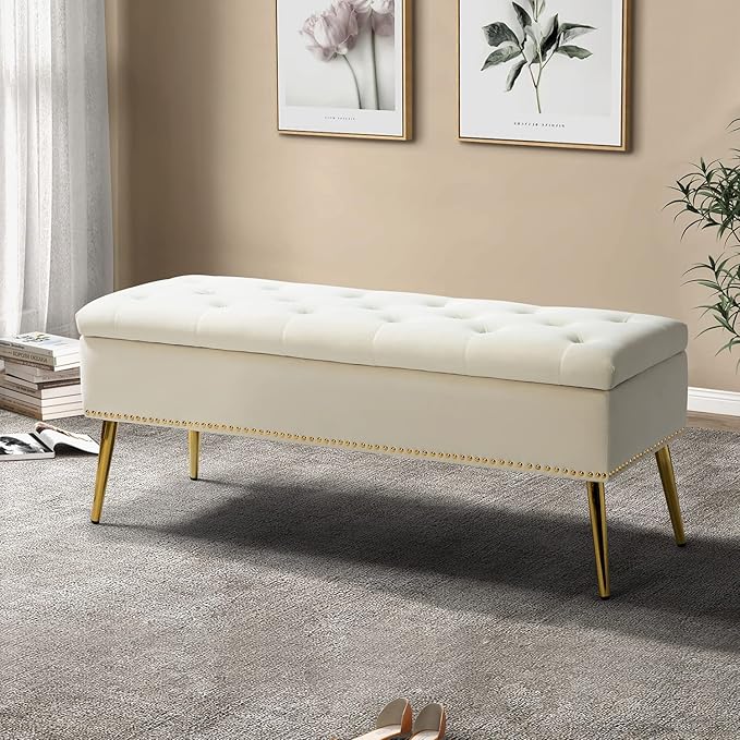 HULALA HOME Modern Velvet Storage Ottoman Bench with Gold Base & Nailhead Trim, Upholstered Bedroom Bench for End of Bed, Button-Tufted Footstool for Entryway Living Room Dining Room, Ivory by HULALAHOME