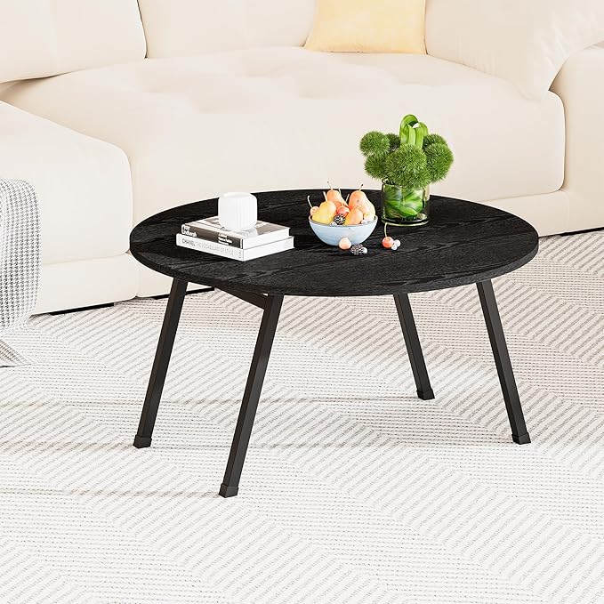 Round Folding Coffee Table for Small Spaces, Foldable Small Coffee Table Portable Sturdy, Easy Assembly Mid Century Low Wood Tables for Living Room, Home, Office, Black
