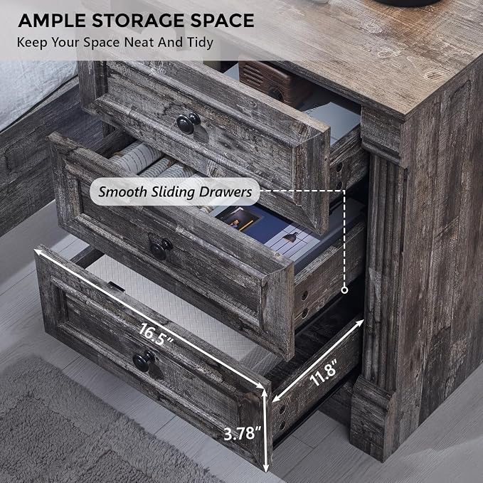 Aitjunz 26" Tall Farmhouse Nightstand, 3 Drawers End Table w/Charging Station, 23.6" Wide Large Side Table w/Roman Column, Wood Rustic Sofa Table for Bedroom, Light Gray - Image 5