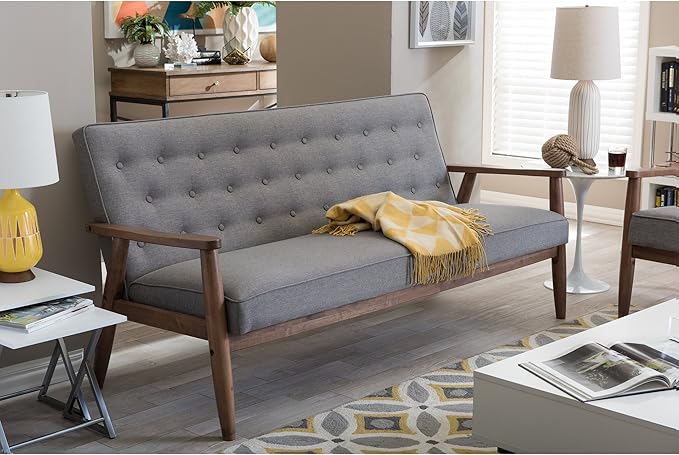 Baxton Studio Sorrento Mid-Century Retro Modern Fabric Upholstered Wooden 3-Seater Sofa, Grey 70.59 x 29.45 x 32.96