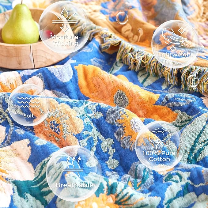 LUTBM Boho Throw Blanket for Bed Cotton Spring Blankets for Bedroom Living Room Twin All Season Lightweight Floral Embroidery Quilt for Couch Sofa Chair 60"x80"