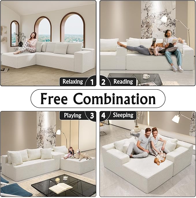 White sectional couches for Living Room Corduroy Couch，104" Cloud Sectional Couch with L-Shape Chaise， Modern Modular Sofa, Deep Seat Comfort, No Assembly Required(Plush Corduroy Fabric)