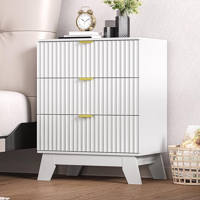 Nightstand with 3 Large Drawers,24" Wide End Table with Curved Metal Handles,Fluted Wood Small Dresser,Bedside Table,Modern Chest of Drawers for Bedroom,Living Room, White by Thacuok