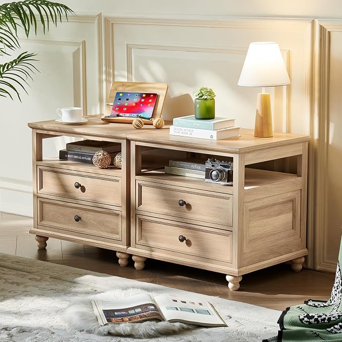 Joaxswe 24" Wide Farmhouse Night Stand,Large End Table with 2 Drawers & Metal Handle,Wood Dresser for Bedroom, Natural Bed Side Table Chest of Drawers Cabinet,Nightstand for Living Room,Closet - Image 3