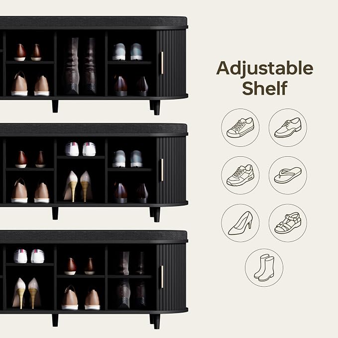 DHH 2-Tier Storage Bench,Wide Shoe Bench with Thickened Padded Seat Cushion, Mid Century Modern Fluted Sliding Door and Adjustable Shelf, for Entryway, Living Room, Bedroom (Black, 51.2”) - Image 7