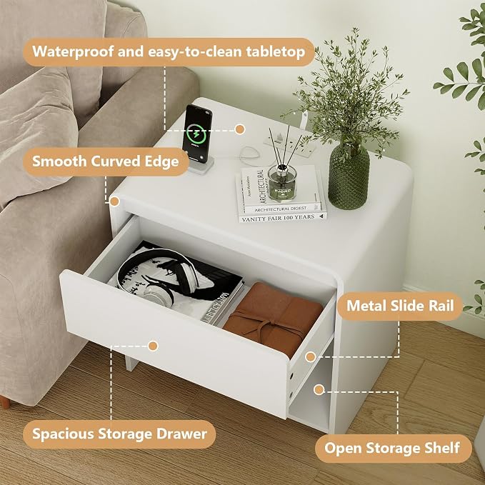 White Nightstand with Charging Station,Modern Night Stand with Drawer and Open Shelf,Bedisde Table with Storage for Bedroom, End Side Table for Living Room - Image 4
