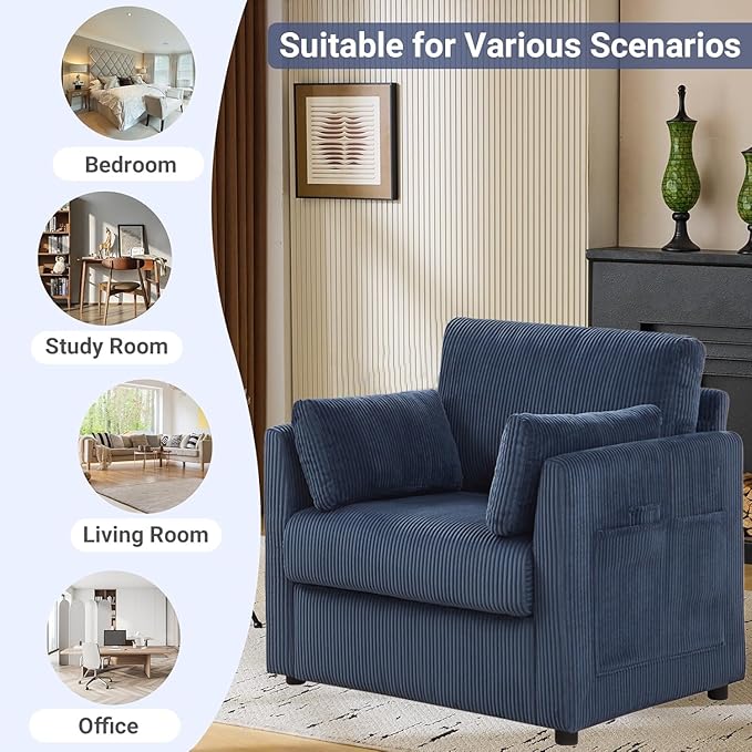 Modern Corduroy Accent Chairs, 38" W Comfy Armchair with Soft Pillows and Side Pockets, Single Reading Chairs for Living Room, Bedroom, Apartment, Navy Blue