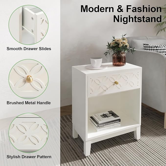 White Nightstand with Drawer and Open Shelf, 17.7 W Modern Bed Side Table for Bedroom, Small End Table for Small Spaces, Compact Side Table for Living Room, Easy Assembly - Image 5