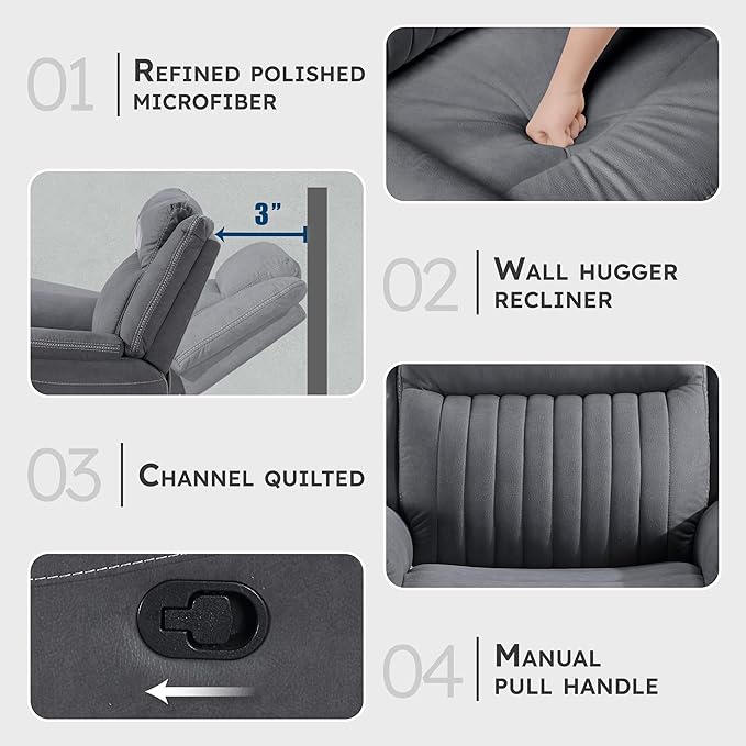 Lexicon Manual Recliner Chair, Polished Microfiber Reclining Sofa Chair, Home Theater Seating, Wall Hugger Manual Recliner for Living Room/Office/Apartment, Gray