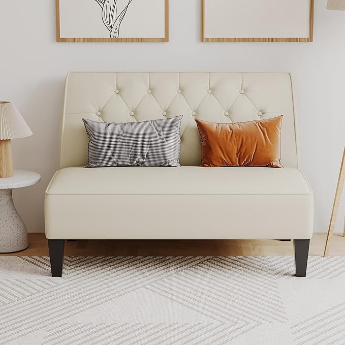 Alunaune Upholstered Loveseat Bench Couch for Bedroom, Modern Anti Scratch Cushioned Armless Settee Small Love Seat Sofa Faux Leather Living Room Couch-Beige