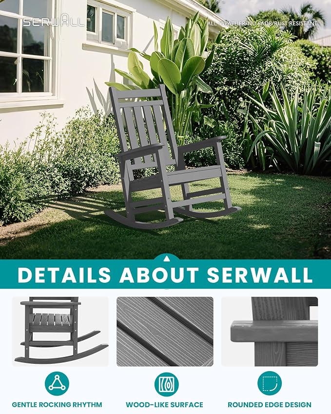 SERWALL HDPE Outdoor Rocking Chair Set of 6, Patio Rocking Chairs for Adults, All Weather Outdoor Rockers for Lawn, Grey - Image 4