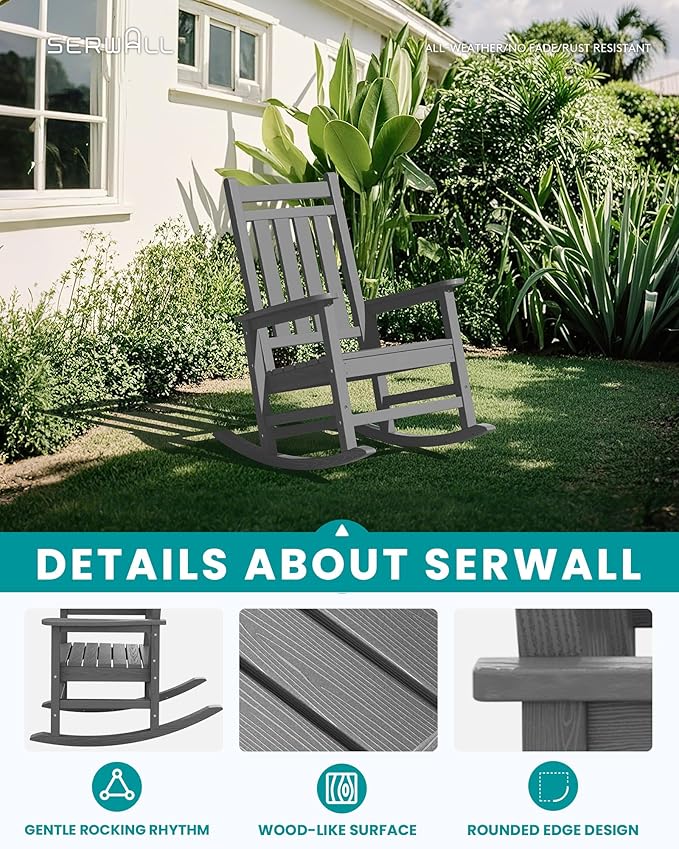 SERWALL HDPE Outdoor Rocking Chair Set of 8, Patio Rocking Chairs for Adults, All Weather Outdoor Rockers for Lawn, Grey - Image 4
