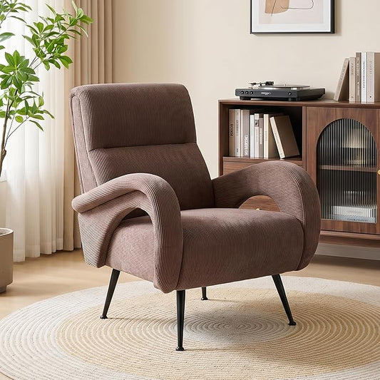 Corduroy Living Room Accent Chairs, Comfy High Back Reading Chair with Curved Arms and Solid Legs, Upholstered Armchair for Bedroom, Reading Nook, Apartment, Brown